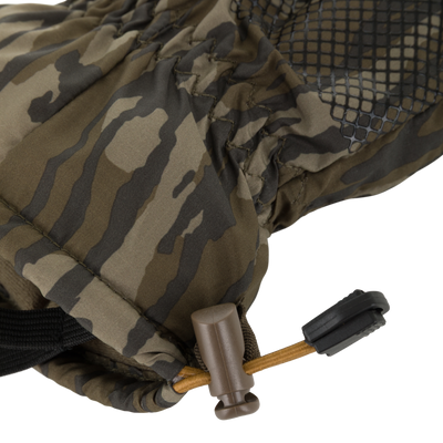 LST Down Lobster Mitten with camo pattern, rubberized grip, and adjustable bungee cord, designed for cold-weather performance and durability. Ideal for hunting and outdoor activities.