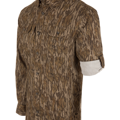 EST Wingshooter Trey Long Sleeve Shirt displayed with vented back, multiple pockets, and hidden button-down collar, ideal for outdoor activities with UPF 30 protection.