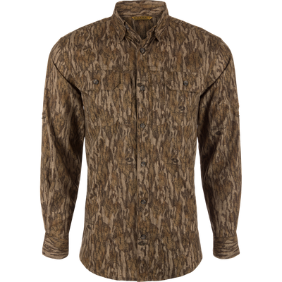 EST Wingshooter Trey Long Sleeve Shirt with hidden button-down collar, vented back, and multiple pockets, designed for outdoor activities with UPF 30 protection and moisture-wicking fabric.