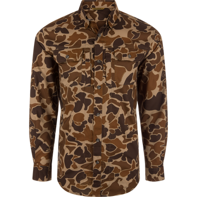 EST Wingshooter Trey Long Sleeve Shirt featuring vented back, multiple pockets, UPF 30 protection, and moisture-wicking fabric, ideal for outdoor activities.