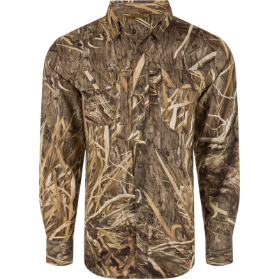 EST Wingshooter Trey Long Sleeve Shirt featuring hidden button-down collar, vented back, and multiple pockets, ideal for outdoor activities with sun protection and moisture-wicking properties.