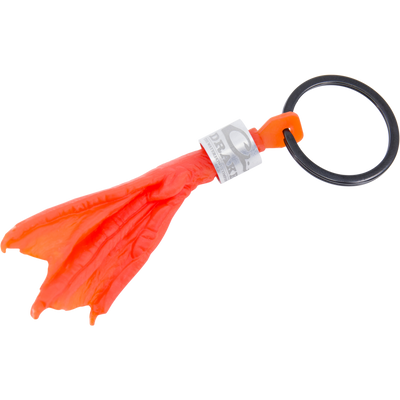 Duck Foot Key Chain with key ring, orange connector, and branded silver band, featuring a red-orange bag dispenser for hunters and outdoor enthusiasts.