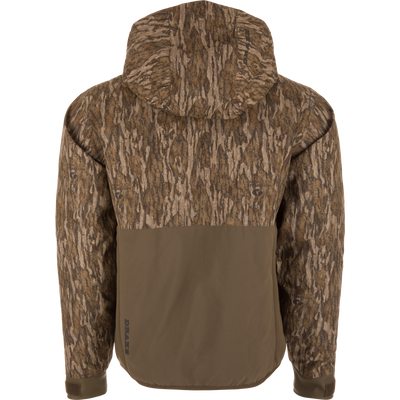 Back view of the LST BMF Eqwader Full Zip with Primaloft, featuring Mossy Oak Bottomland camo, olive-drab panel, and DRAKE branding near the hem.