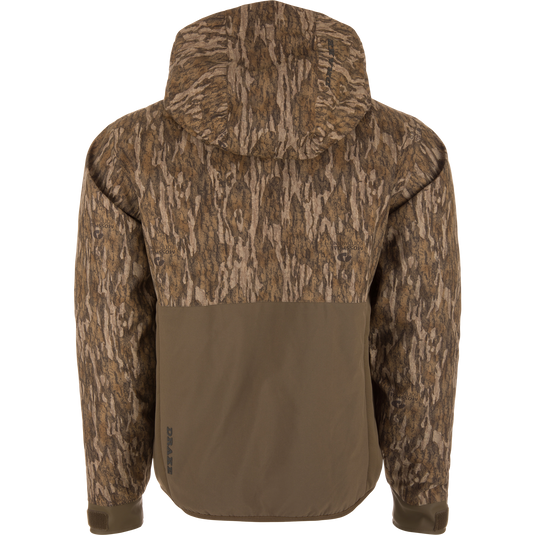 Back view of the LST BMF Eqwader Full Zip with Primaloft, featuring Mossy Oak Bottomland camo, olive-drab panel, and DRAKE branding near the hem.