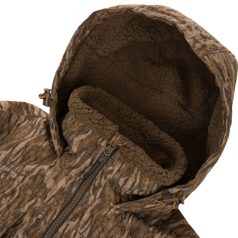 LST BMF Eqwader Full Zip with Primaloft jacket, features camouflage design, sherpa-lined hood, front zipper, and draw-cord toggles for outdoor weather protection and comfort.