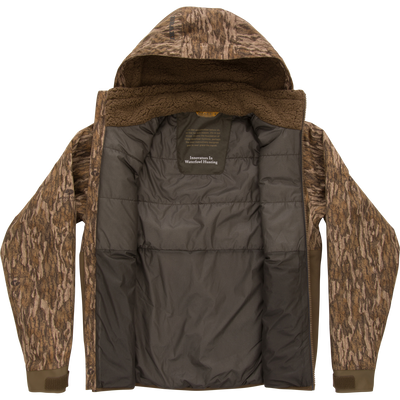 LST BMF Eqwader Full Zip with Primaloft, a camo-patterned hunting jacket, features an unzipped front, revealing insulated interior and sherpa-lined collar for optimal warmth.