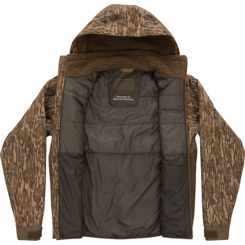 LST BMF Eqwader Full Zip with Primaloft, a camo-patterned hunting jacket, features an unzipped front, revealing insulated interior and sherpa-lined collar for optimal warmth.