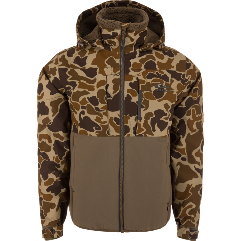 LST BMF Eqwader Full Zip with Primaloft jacket in camo, featuring a solid brown lower panel, zippered chest pocket, and sherpa-lined hood for outdoor adventures.