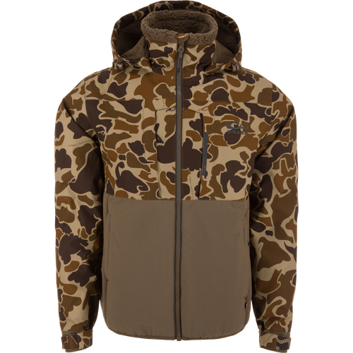 LST BMF Eqwader Full Zip with Primaloft jacket in camo, featuring a solid brown lower panel, zippered chest pocket, and sherpa-lined hood for outdoor adventures.