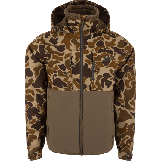 LST BMF Eqwader Full Zip with Primaloft jacket in camo, featuring a solid brown lower panel, zippered chest pocket, and sherpa-lined hood for outdoor adventures.