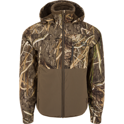 LST BMF Eqwader Full Zip with Primaloft hunting jacket featuring camouflage design, hood, zippered chest pocket, hand-warmer pockets, ideal for concealment in grassy environments.
