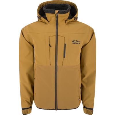LST BMF Eqwader Full Zip with Primaloft: Insulated jacket featuring zippered chest pockets, adjustable cuffs, and fleece-lined hood, ideal for cold-weather outdoor activities.