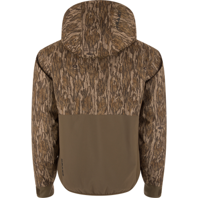 Back view of LST BMF Eqwader Half Zip Jacket with Primaloft in camo and solid brown, featuring hood, durable materials, and functional design for hunting.