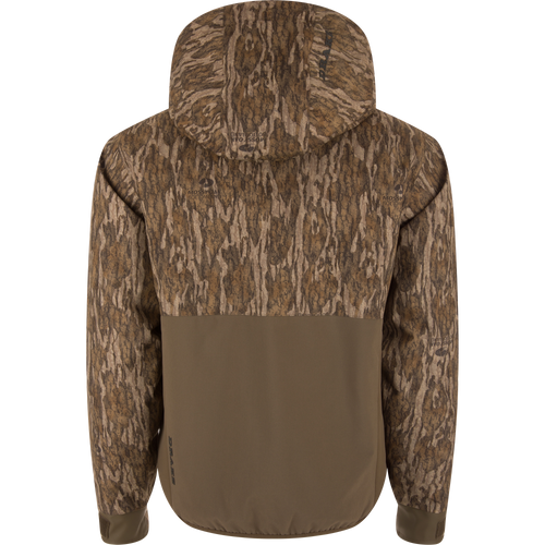 Back view of LST BMF Eqwader Half Zip Jacket with Primaloft in camo and solid brown, featuring hood, durable materials, and functional design for hunting.