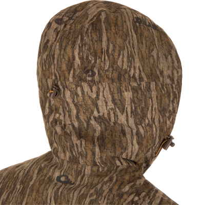 Back view of LST BMF Eqwader Half Zip Jacket in tree bark camo, showcasing hood with cinch-cord toggles and subtle branding.