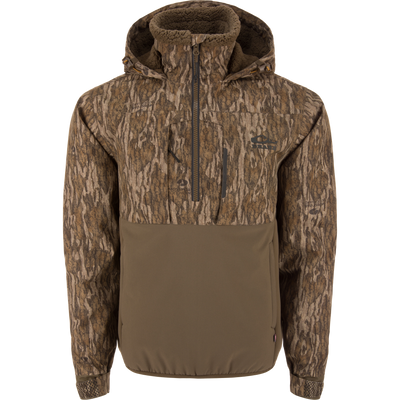 LST BMF Eqwader Half Zip Jacket with Primaloft features a camo-patterned hood, zippered chest pocket, and adjustable elements for versatile hunting comfort.
