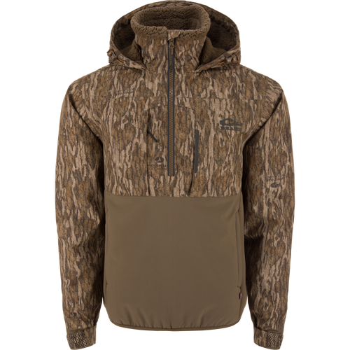 LST BMF Eqwader Half Zip Jacket with Primaloft features a camo-patterned hood, zippered chest pocket, and adjustable elements for versatile hunting comfort.
