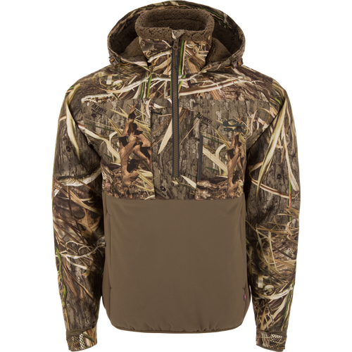 LST BMF Eqwader Half Zip Jacket with Primaloft features a camouflage pattern, quarter-zip front, fleece-lined hood, and zippered chest pockets, ideal for waterfowl hunting.