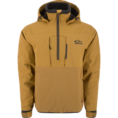 LST BMF Eqwader Half Zip Jacket with Primaloft, featuring a hood with sherpa fleece lining, quarter zip, and zippered chest pocket displaying the Drake logo.
