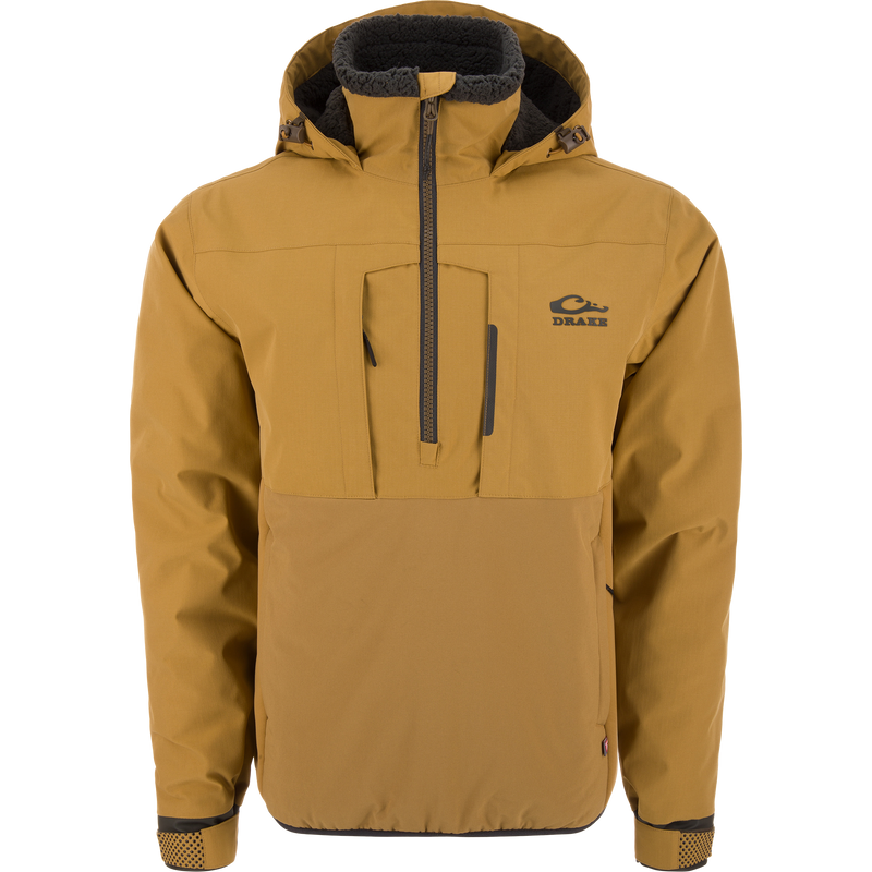 LST BMF Eqwader Half Zip Jacket with Primaloft, featuring a hood with sherpa fleece lining, quarter zip, and zippered chest pocket displaying the Drake logo.