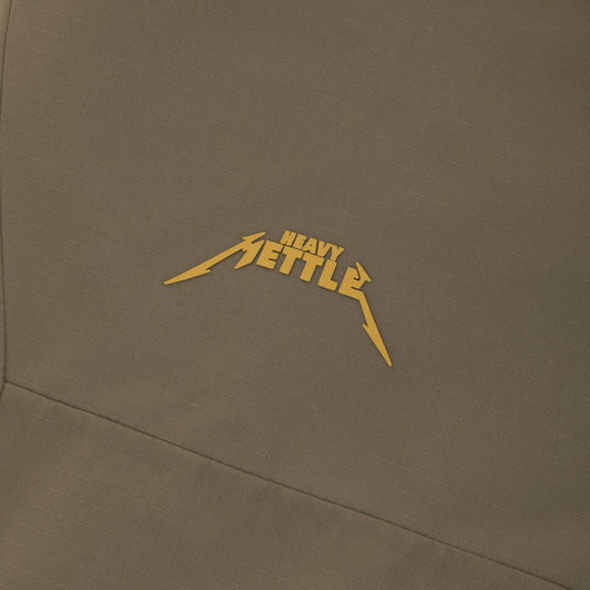 Olive green Drake X Ducks Unlimited LST BMF Pit Bib with Primaloft featuring a yellow graphic that says HEAVY METTLE in a stylized font.