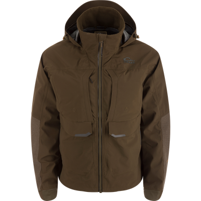 LST BMF Pit Jacket with high collar, hood, reinforced elbows, and multiple zippered pockets designed for extreme weather protection and durability.