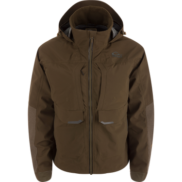 LST BMF Pit Jacket with high collar, hood, reinforced elbows, and multiple zippered pockets designed for extreme weather protection and durability.