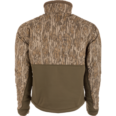 LST BMF 3-in-1 Pit Jacket with Primaloft, featuring a camouflage upper and solid olive lower, displayed on a mannequin, showcasing its rugged outdoor design.