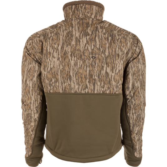 LST BMF 3-in-1 Pit Jacket with Primaloft, featuring a camouflage upper and solid olive lower, displayed on a mannequin, showcasing its rugged outdoor design.