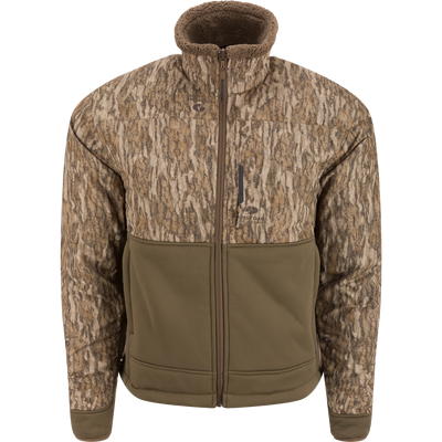 LST BMF 3-in-1 Pit Jacket with Primaloft, featuring a camouflage upper, olive-drab lower, fleece-lined collar, and multiple zip pockets, designed for versatility and durability.