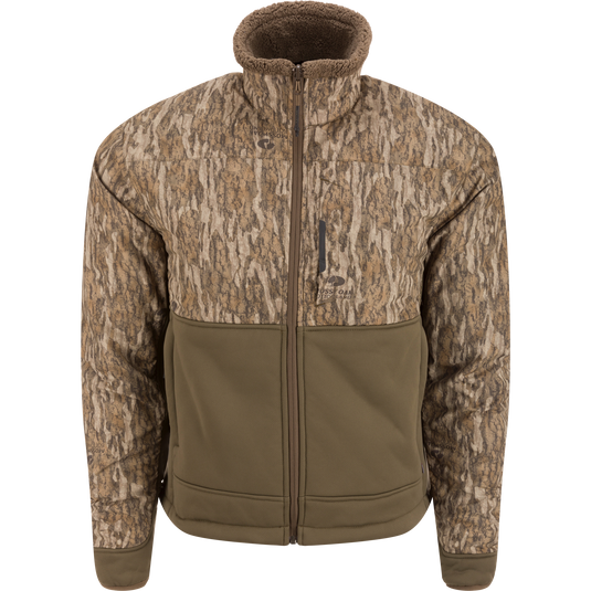 LST BMF 3-in-1 Pit Jacket with Primaloft, featuring a camouflage upper, olive-drab lower, fleece-lined collar, and multiple zip pockets, designed for versatility and durability.