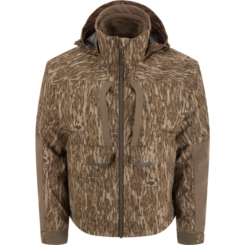 LST BMF 3-in-1 Pit Jacket with Primaloft features a camo pattern, full zipper, multiple pockets, fleece-lined collar, adjustable cuffs, and a hood for versatile outdoor protection.