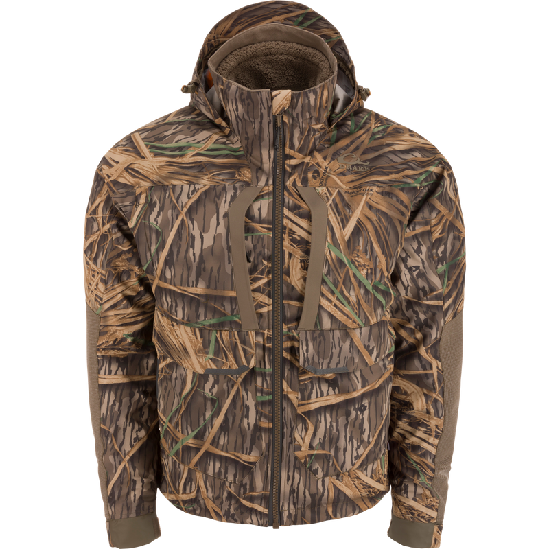LST BMF 3-in-1 Pit Jacket with Primaloft features camo pattern, hood, multiple pockets, and adjustable cuffs, designed for adaptable warmth and durability in hunting conditions.