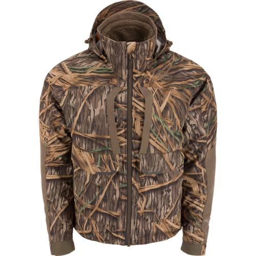 LST BMF 3-in-1 Pit Jacket with Primaloft features camo pattern, hood, multiple pockets, and adjustable cuffs, designed for adaptable warmth and durability in hunting conditions.