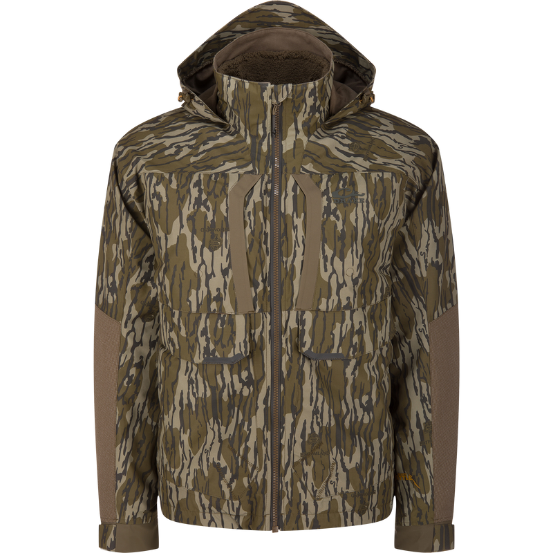 LST BMF 3-in-1 Pit Jacket with Primaloft, featuring a zip-front, hooded design in camo pattern, pockets, adjustable cuffs, and fleece-lined hood for versatile hunting protection.