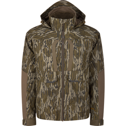 LST BMF 3-in-1 Pit Jacket with Primaloft, featuring a zip-front, hooded design in camo pattern, pockets, adjustable cuffs, and fleece-lined hood for versatile hunting protection.