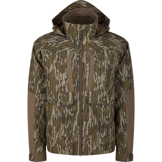 LST BMF 3-in-1 Pit Jacket with Primaloft, featuring a zip-front, hooded design in camo pattern, pockets, adjustable cuffs, and fleece-lined hood for versatile hunting protection.