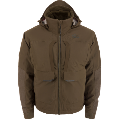 LST BMF 3-in-1 Pit Jacket with Primaloft features a hood, front zipper, chest and hand pockets, and reinforced elbows for outdoor protection.
