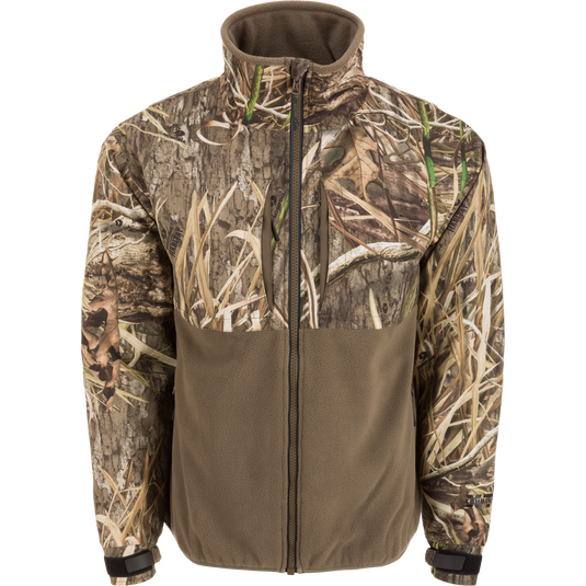 MST CommandXT Eqwader Full Zip Jacket in camo pattern with high collar, chest zip-pocket, adjustable cuffs, and durable fleece lower body, ideal for rugged outdoor use.