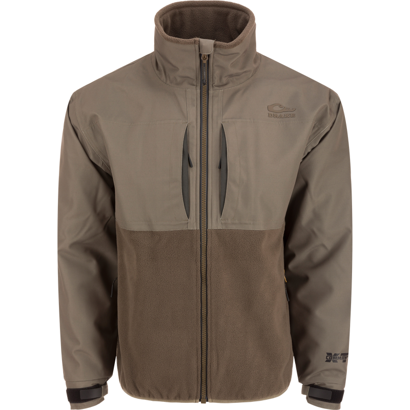 MST CommandXT Eqwader Full Zip Jacket with a high collar, smooth upper, fleece lower, Magnattach™ chest pockets, and water-resistant cuffs, ideal for outdoor enthusiasts.
