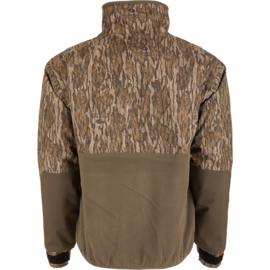 MST CommandXT Eqwader Half Zip Jacket's back view, featuring Mossy Oak camouflage, olive fleece, stand-up collar, elasticized hem, and adjustable cuffs for weather protection and durability.