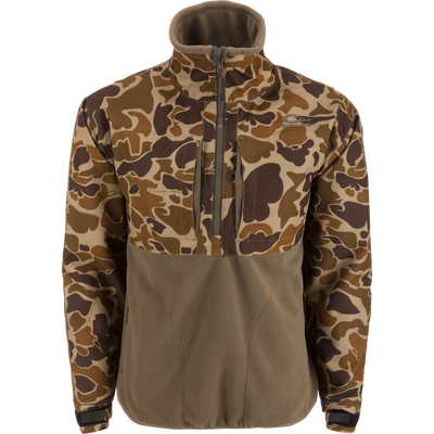 MST CommandXT Eqwader Half Zip Jacket with camo top and brown fleece lower body, featuring waterproof polyester and reinforced abrasion zones, ideal for outdoor and hunting activities.