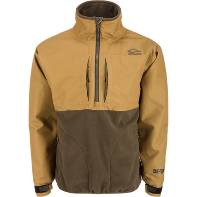 MST CommandXT Eqwader Half Zip Jacket with tan-brown shell, olive-green fleece, high collar, zip pockets, and Drake logo; designed for weather protection and warmth.