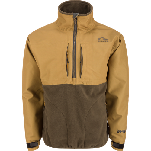 MST CommandXT Eqwader Half Zip Jacket with tan-brown shell, olive-green fleece, high collar, zip pockets, and Drake logo; designed for weather protection and warmth.