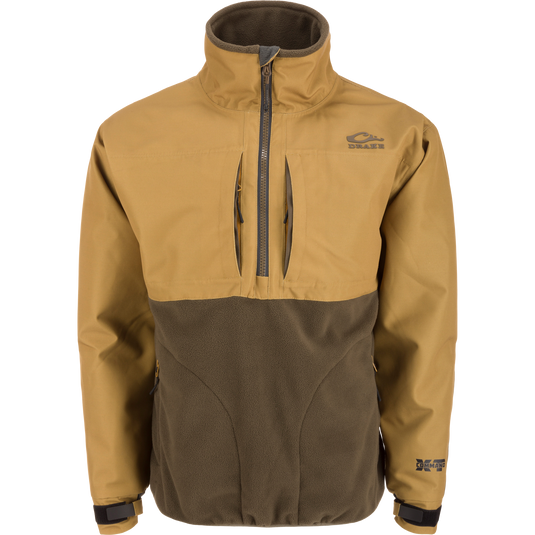 MST CommandXT Eqwader Half Zip Jacket with tan-brown shell, olive-green fleece, high collar, zip pockets, and Drake logo; designed for weather protection and warmth.