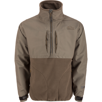 MST CommandXT Eqwader Half Zip Jacket with olive/khaki upper, brown fleece lower, quarter-zip, chest pockets, hand-warmer pockets, and adjustable cuffs, designed for weather protection and durability.