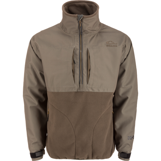 MST CommandXT Eqwader Half Zip Jacket with olive/khaki upper, brown fleece lower, quarter-zip, chest pockets, hand-warmer pockets, and adjustable cuffs, designed for weather protection and durability.