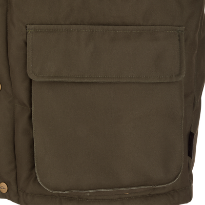 Close-up of the Throwback 80 Featherless Puffer Jacket's olive-green canvas front pocket with flap and snap-button, showcasing its durable and functional design.