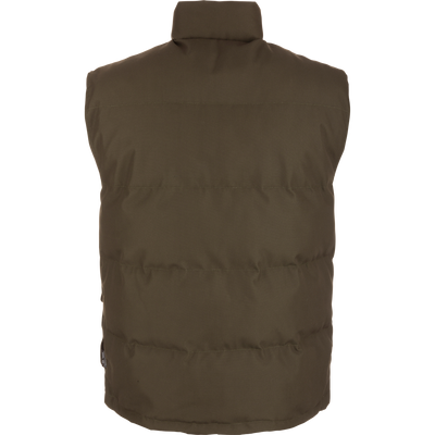 Throwback 80 Featherless Puffer Vest close-up, showcasing its waterproof, windproof polyester material, fleece collar lining, and durable brass snaps, designed for warmth and comfort.