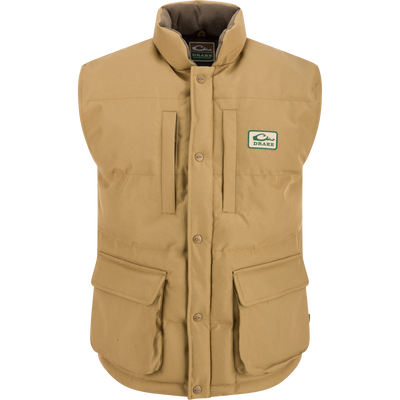 Throwback 80 Featherless Puffer Vest featuring a logo, fleece collar, and large pockets, showcasing durable design with waterproof and windproof polyester material.